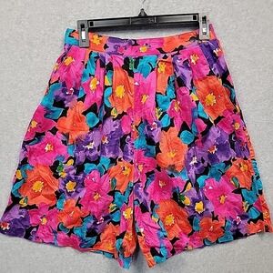 Vtg KARI Women's Sz M Floral Shorts Super High Rise Pleat Front Cotton Elastic